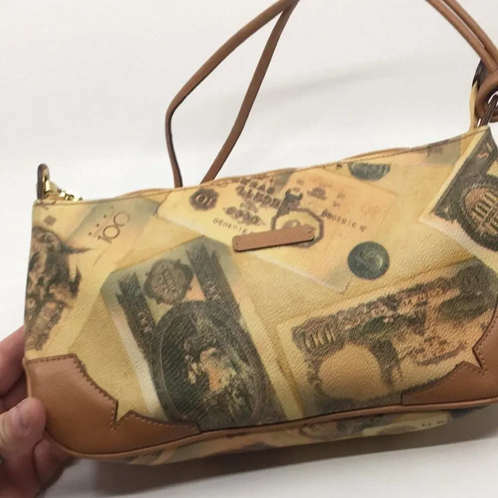 Roccobarocco Italian Coated Canvas Y2K bag with currency print